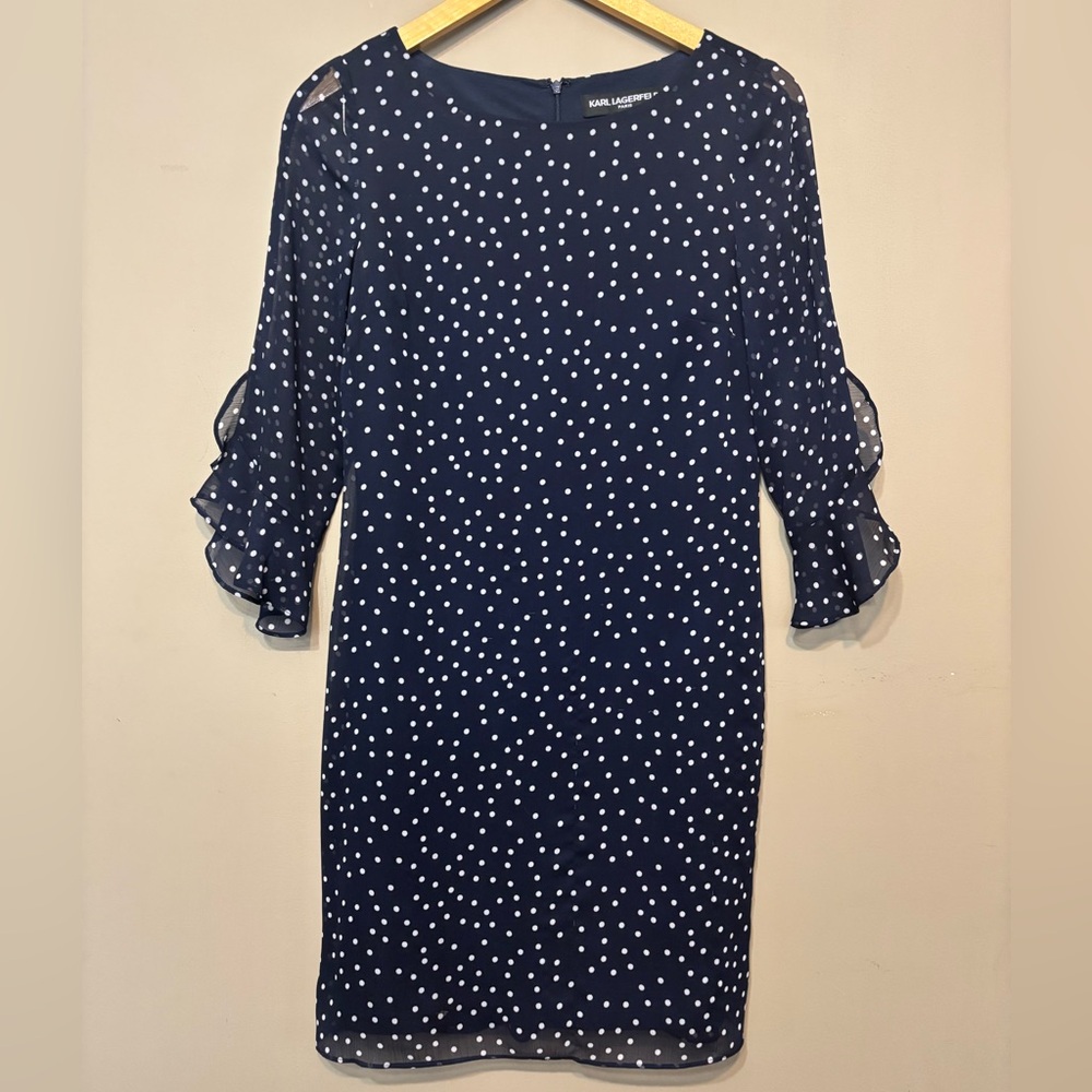 KARL LAGERFELD Polka Dot Ruffle Sleeve Lined Navy Dress